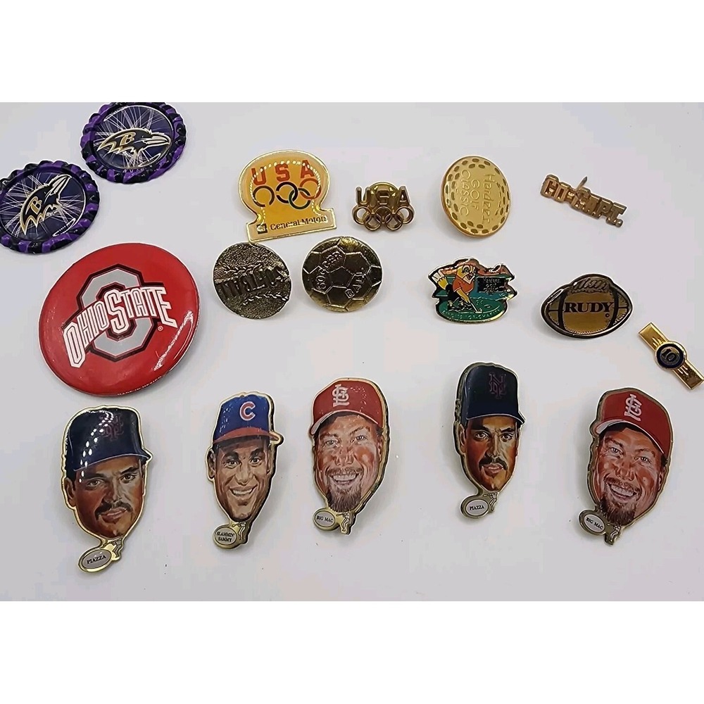 Vintage Sports Theme Pinback Button Lapel Pin Lot Enamel Metal Olympics Baseball